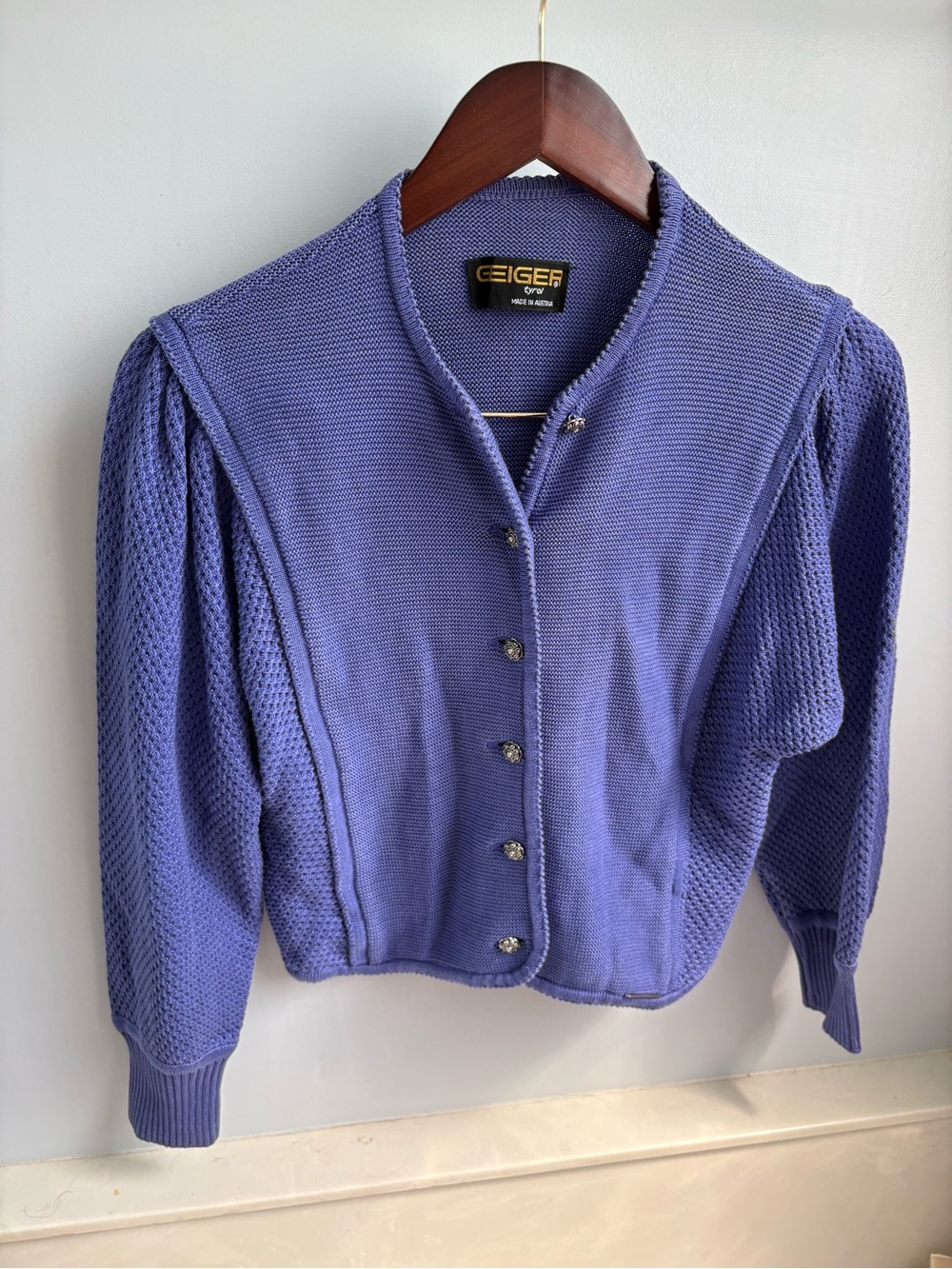 vintage Geiger Austria purple cardigan textured cotton knit ornate buttons sz 36